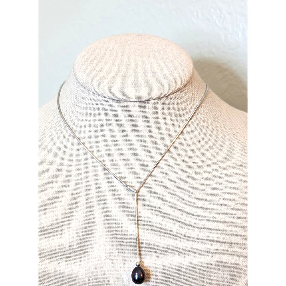 Teardrop Black Pearl 925 Sterling Lariat Necklace